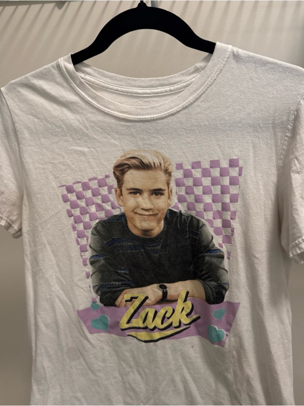 Funko White Graphic Zack Short Sleeve Tee with Purple Checkered Design